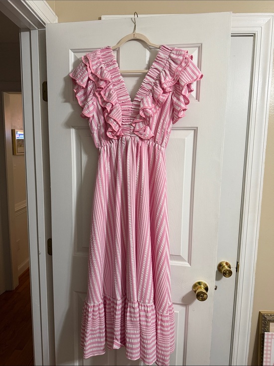 Umgee Dresses & Skirts - Umgee Pink & White Striped Ruffle Midi Dress with V-Neck